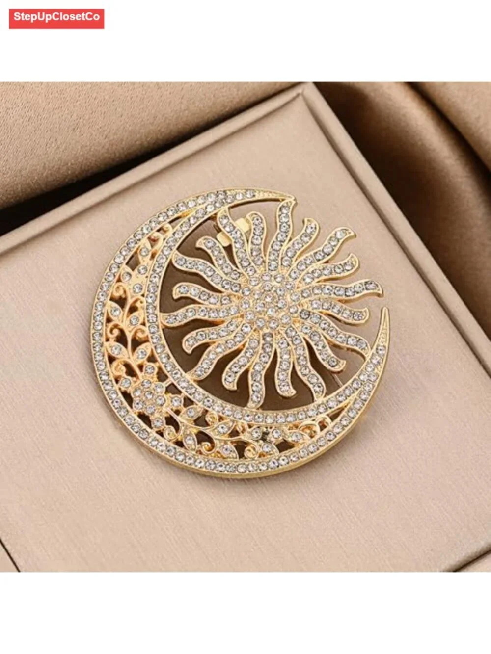 Crystal Rhinestone Sun Moon Brooch Pin Vintage Celestial Sweater Scarf Clip